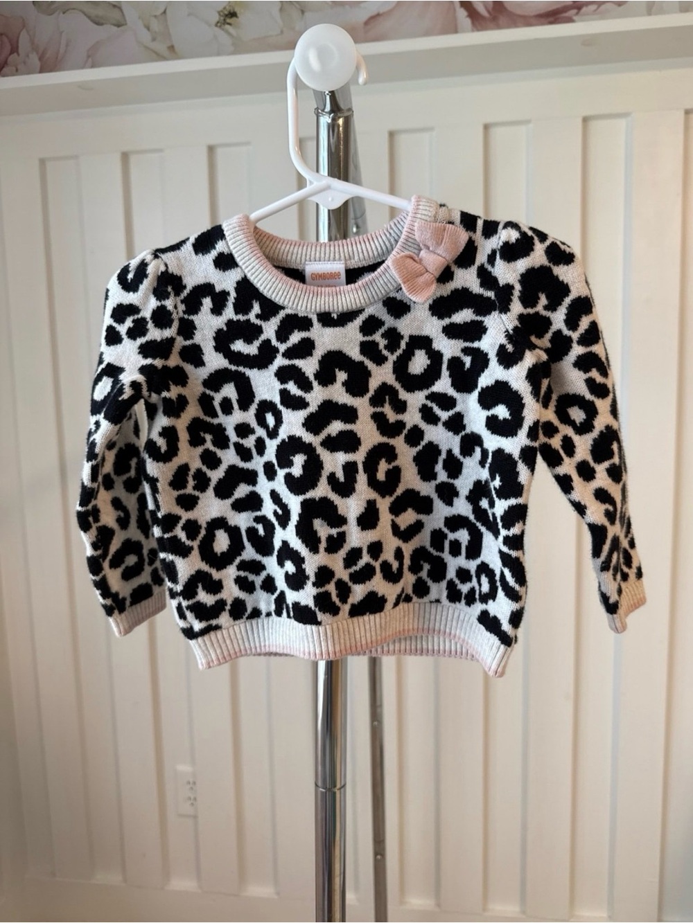Gymboree Black and White Leopard Knit Sweater with Pink Trim and Bow Accent